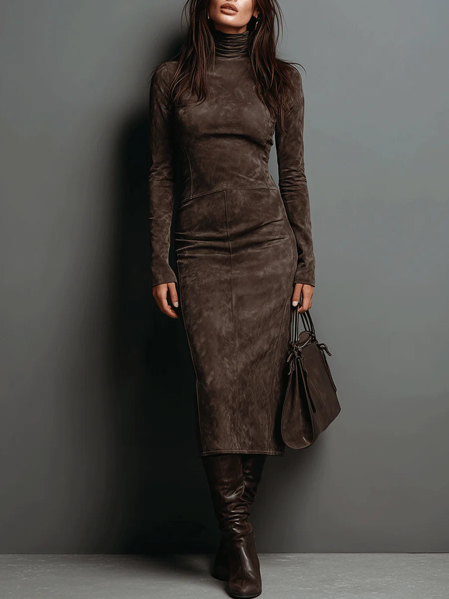 HOLLY | SUEDETTE HIGH-NECK MIDI DRESS