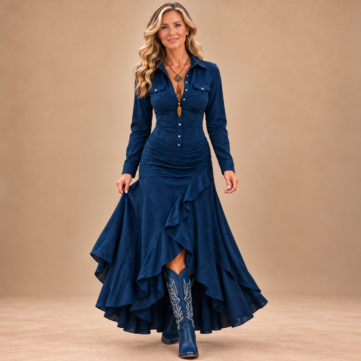 Olyndra Western Ruched Button-Front Dress