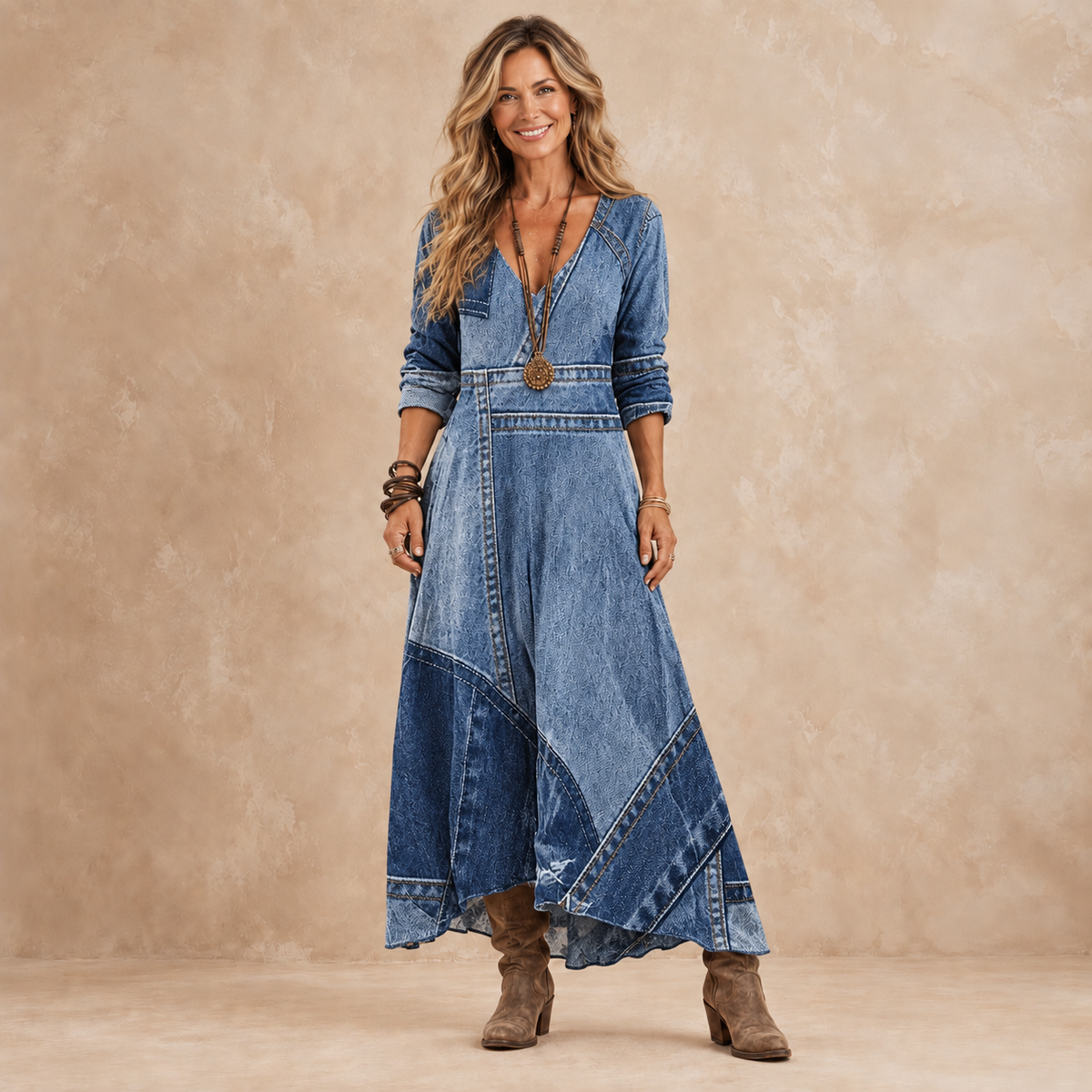 WISTERIA | DENIM-LOOK PATCHWORK MAXI DRESS