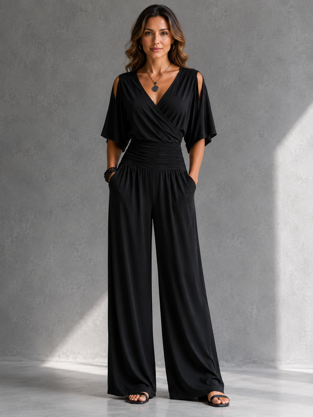 CONSTANTIA | WRAP V-NECK WIDE-LEG JUMPSUIT