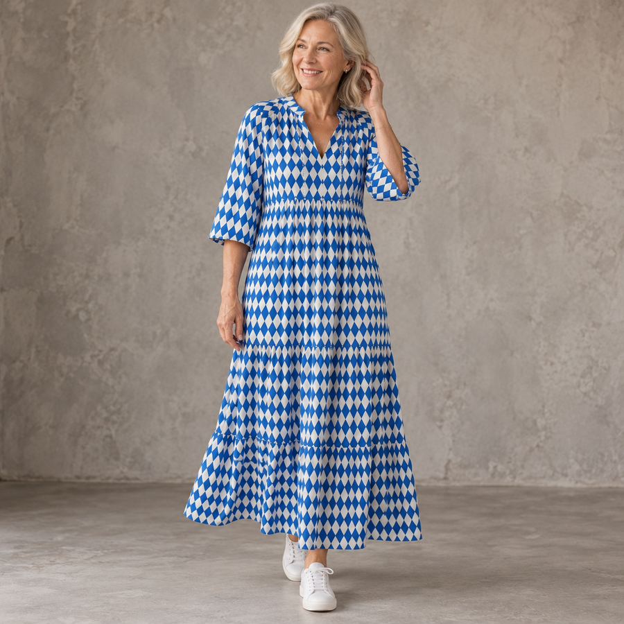 Elspeth Diamond Print Tiered Midi Dress