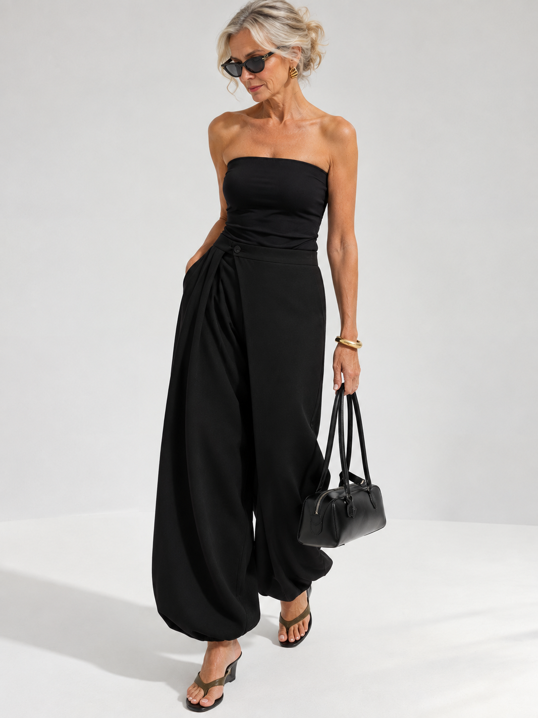 Lucindra Asymmetric Overlay Balloon Wide-Leg Pants