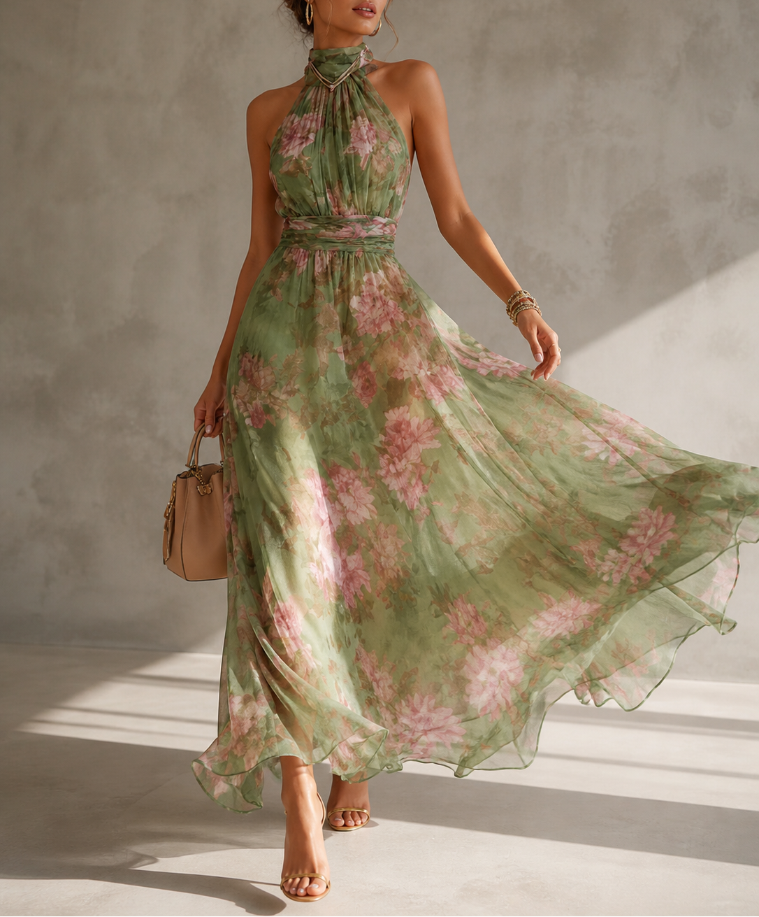 Serena™ | Long green floral chiffon dress with halter neck