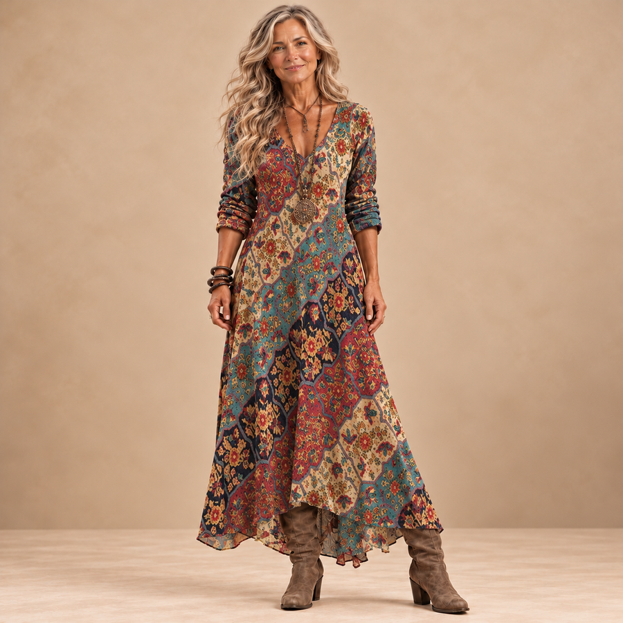 VERBENA | PATCHWORK PRINT V-NECK MAXI DRESS