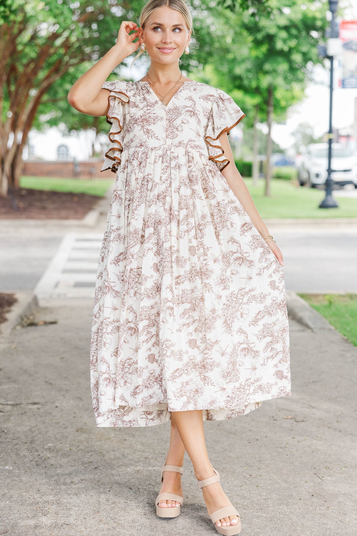 Amelia | Stay Consistent Brown Toile Midi Dress