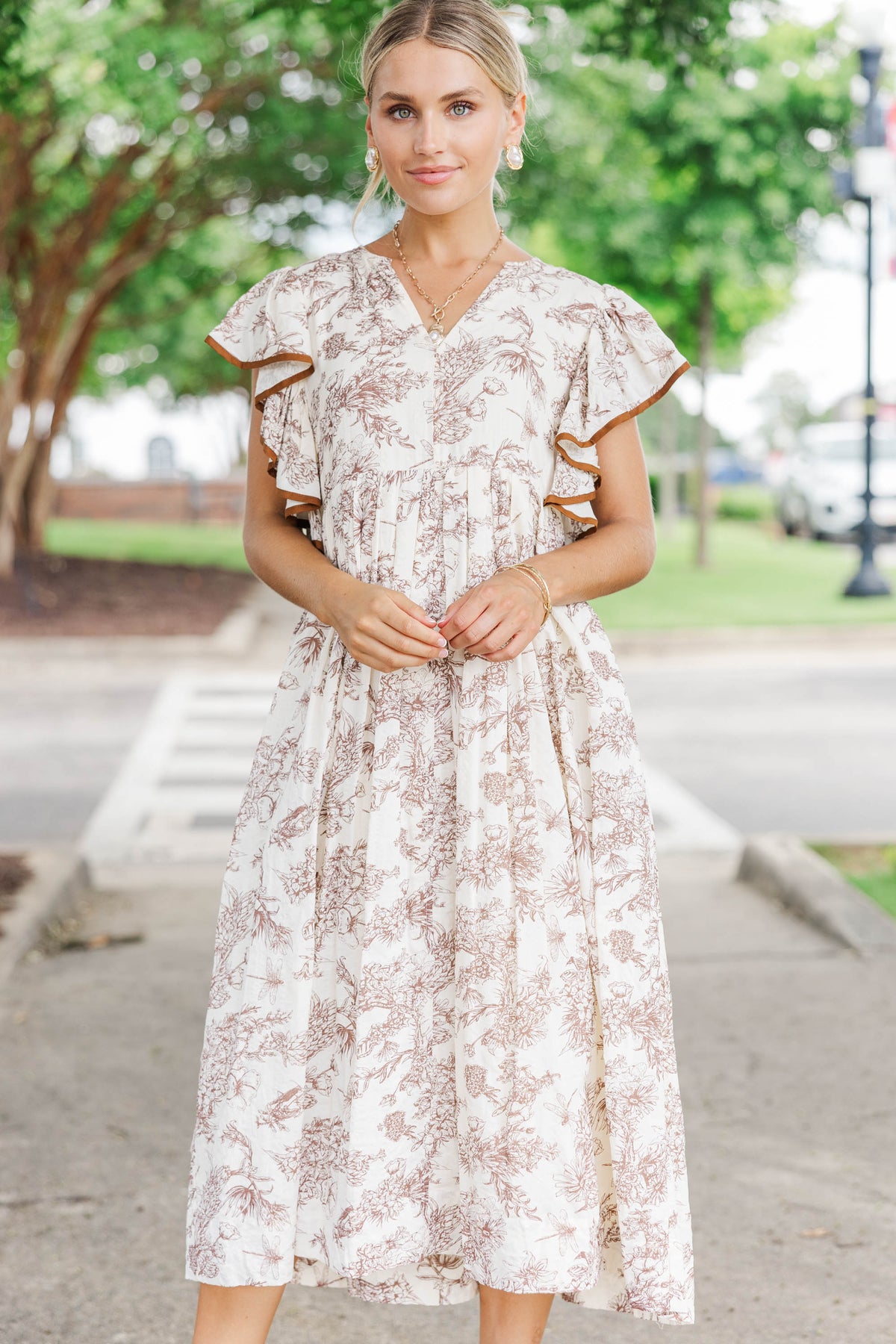 Amelia | Stay Consistent Brown Toile Midi Dress