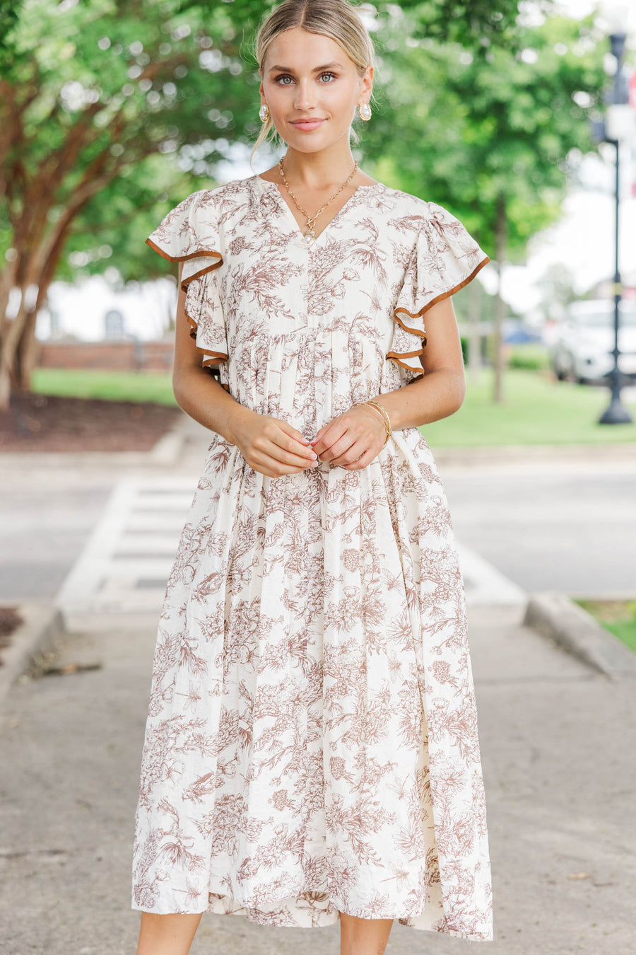 Amelia | Stay Consistent Brown Toile Midi Dress