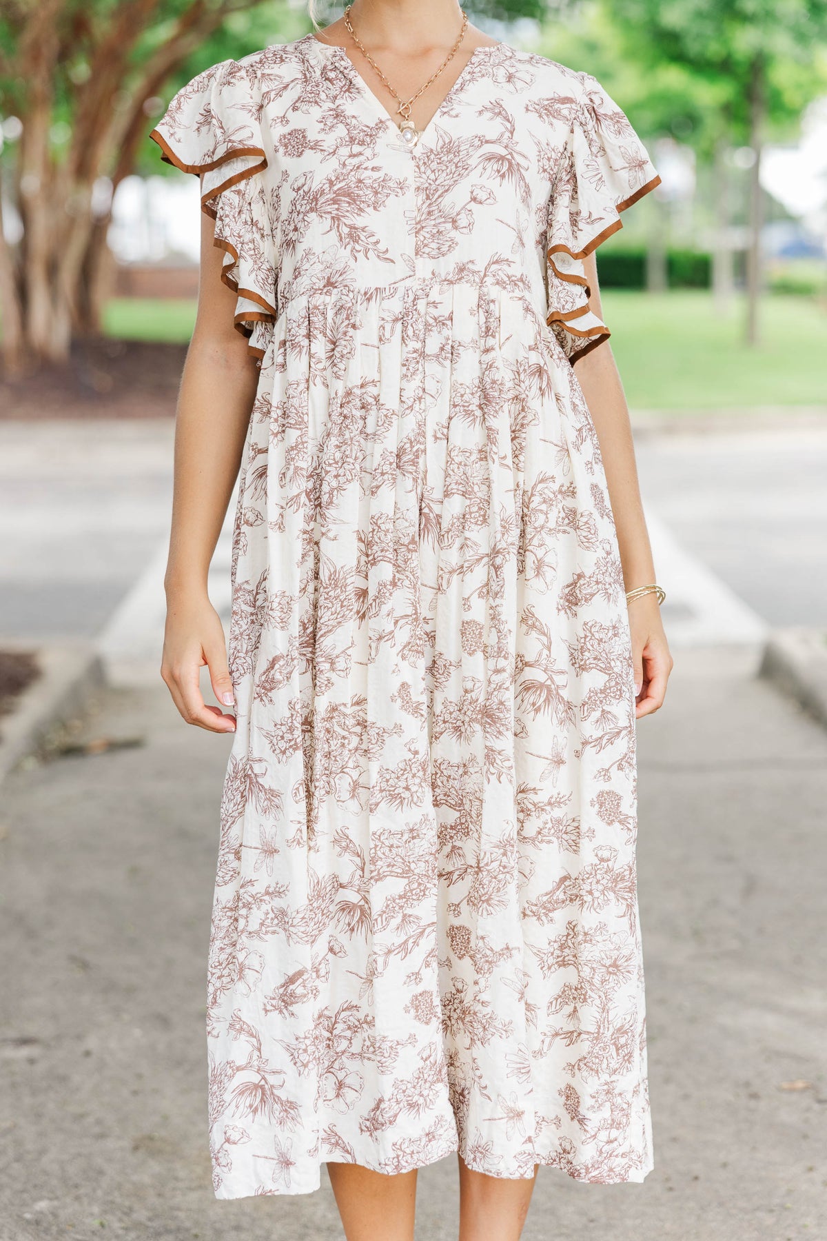 Amelia | Stay Consistent Brown Toile Midi Dress