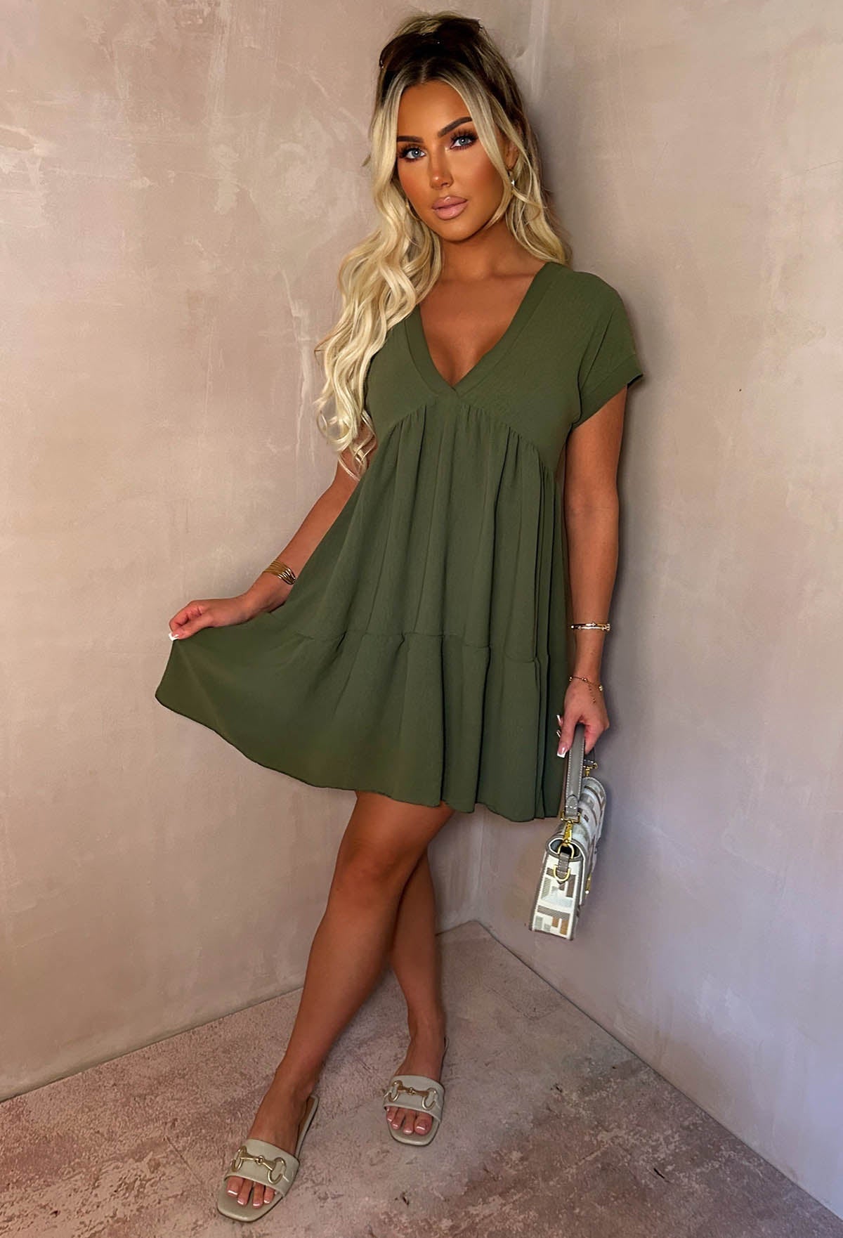 Julie| Women's Khaki V-Neck Tiered Smock Midi Day Dress
