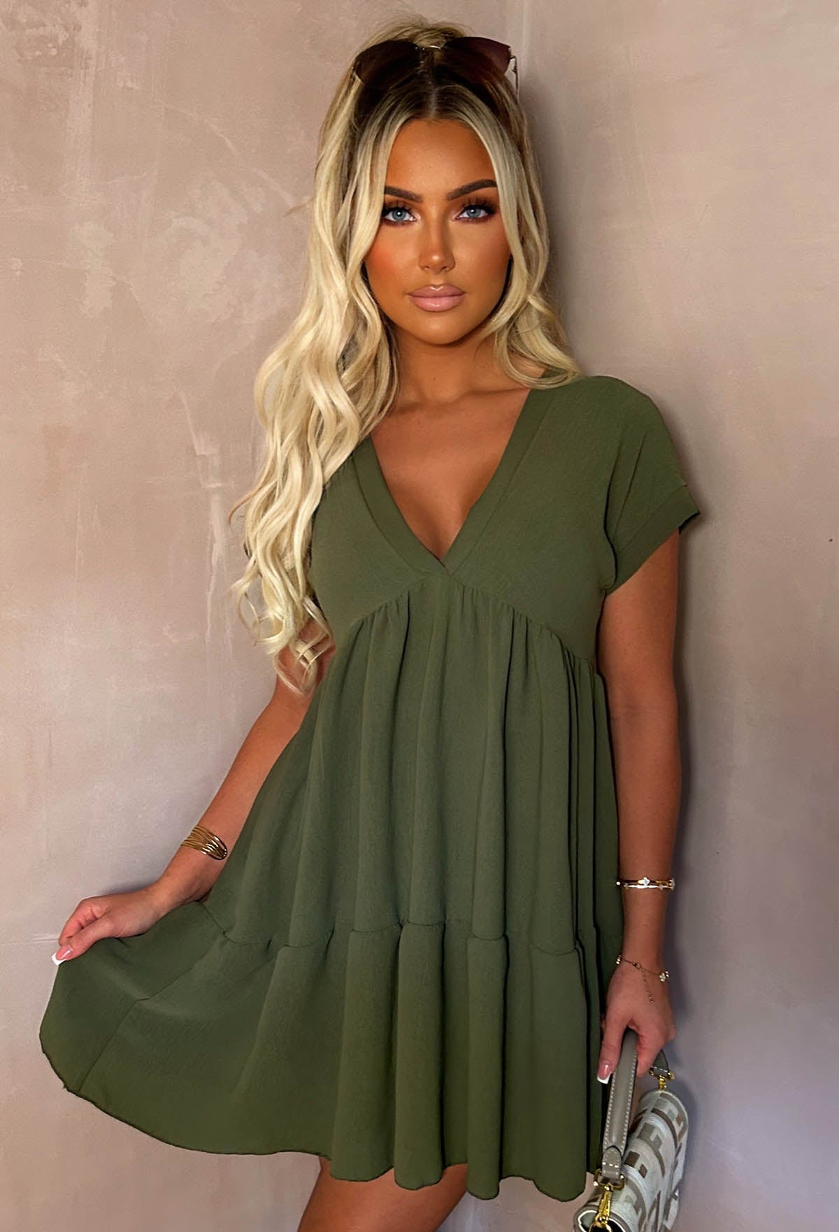 Julie| Women's Khaki V-Neck Tiered Smock Midi Day Dress