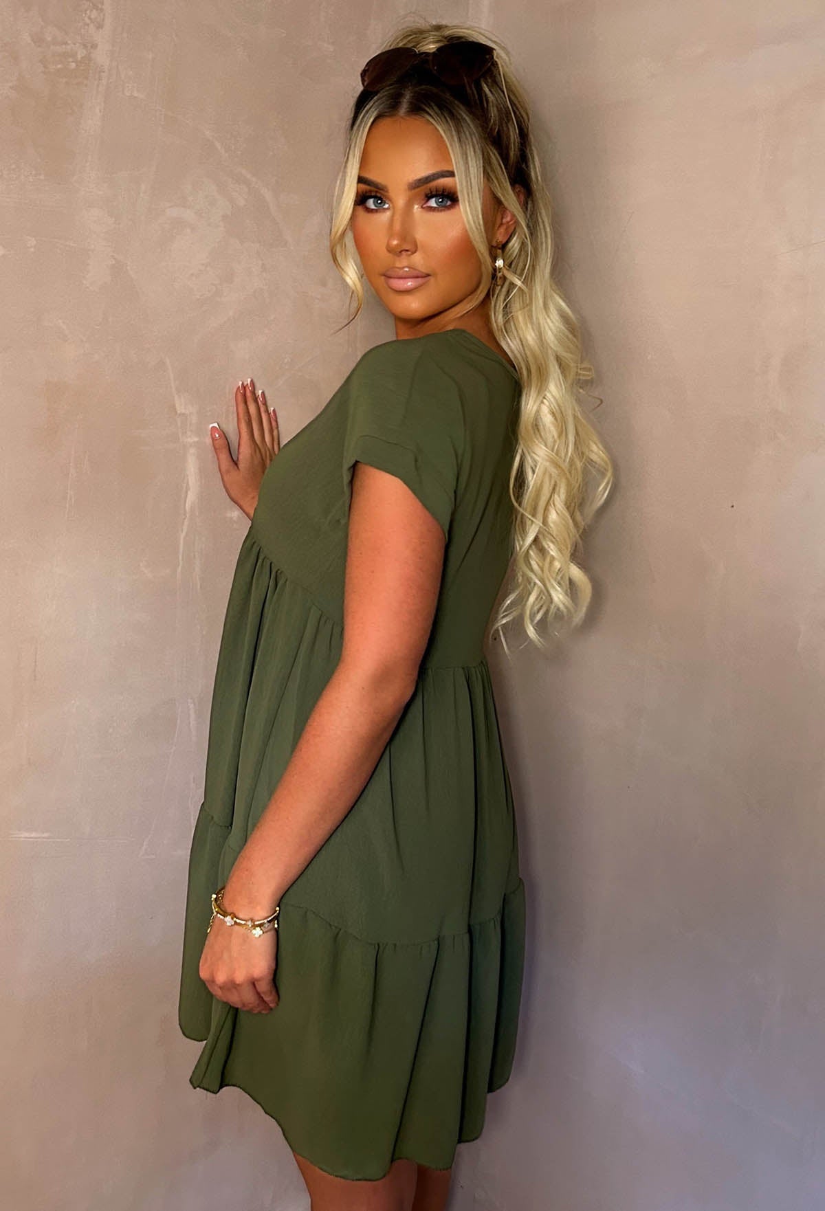 Julie| Women's Khaki V-Neck Tiered Smock Midi Day Dress