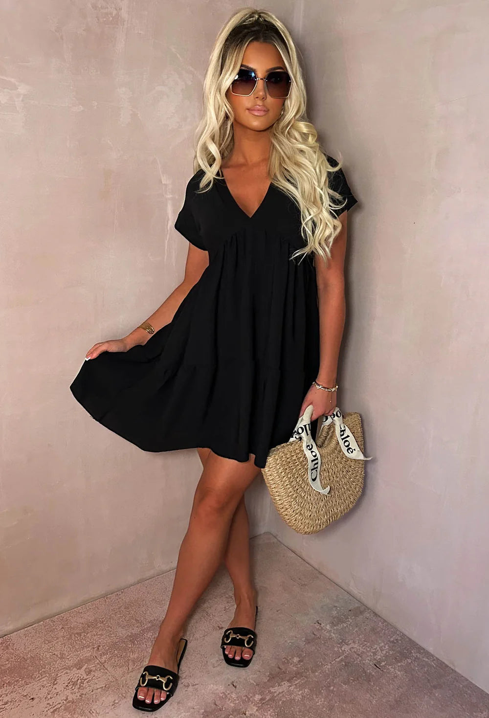 Julie| Women's Khaki V-Neck Tiered Smock Midi Day Dress