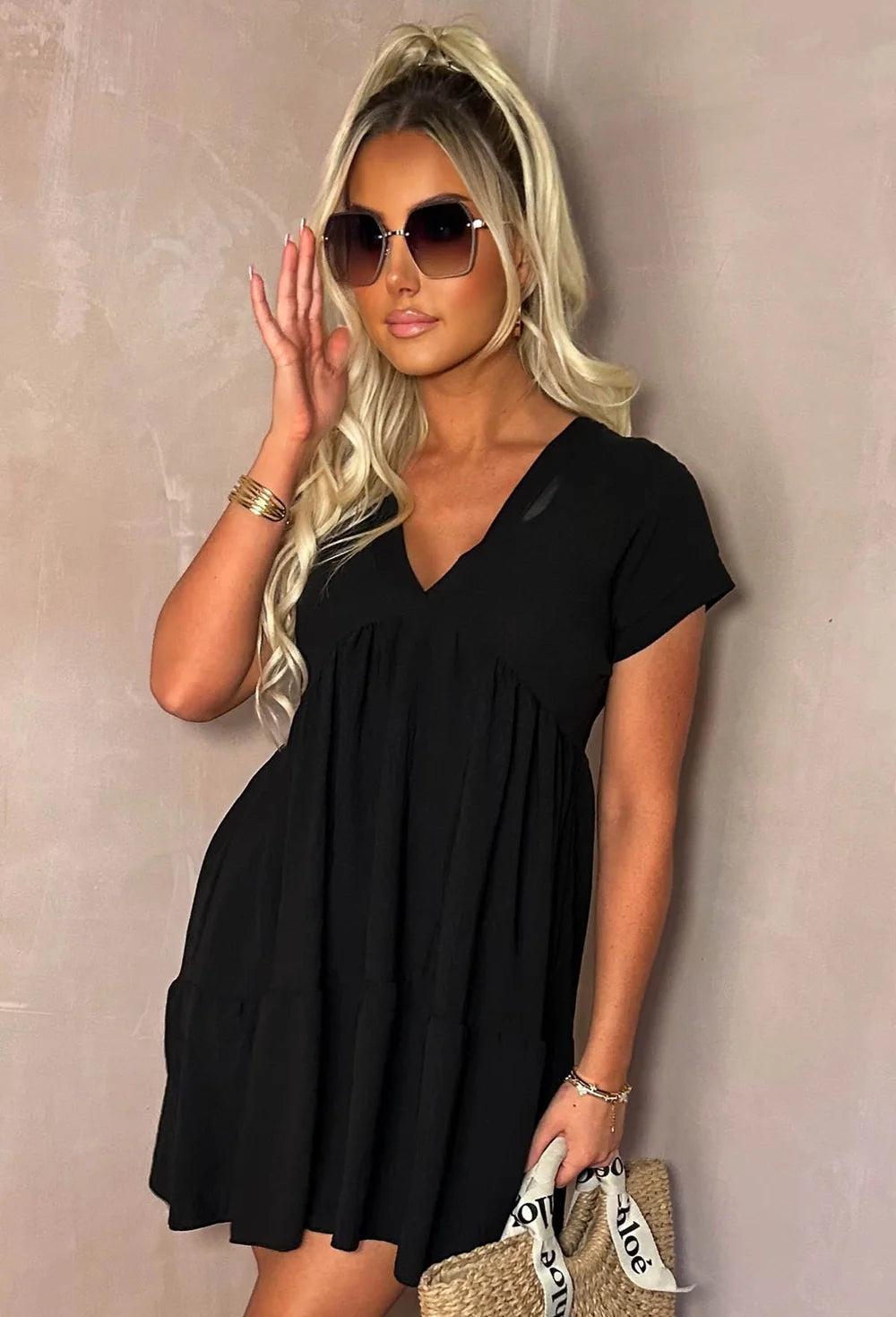 Julie| Women's Khaki V-Neck Tiered Smock Midi Day Dress