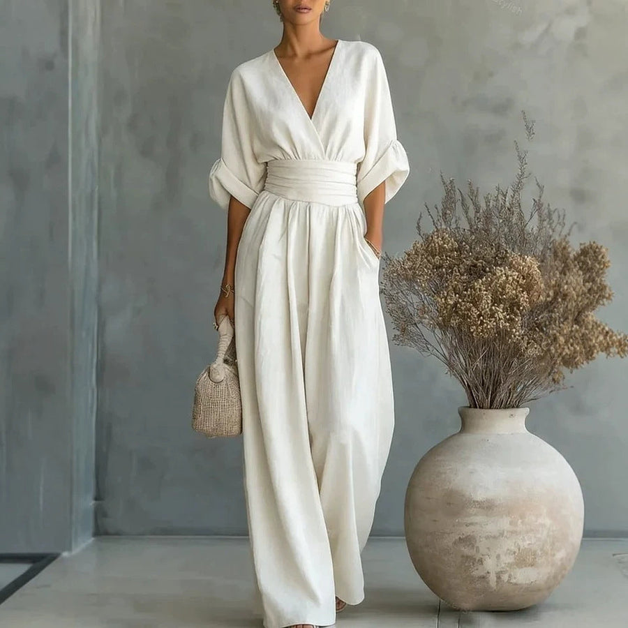 GEMMA | DRAPED WIDE-LEG V-NECK JUMPSUIT