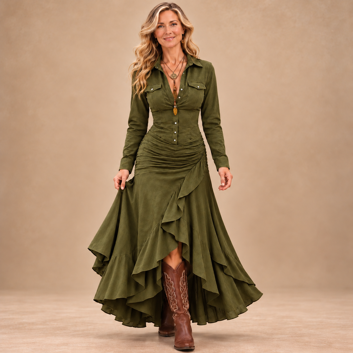 Olyndra Western Ruched Button-Front Dress