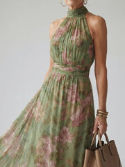 Serena™ | Long green floral chiffon dress with halter neck
