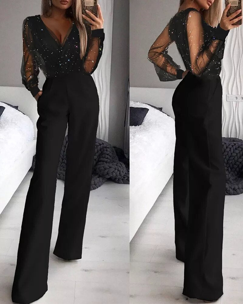 ISLIE | JUMPSUIT WITH SHEER SLEEVES AND WIDE LEGS