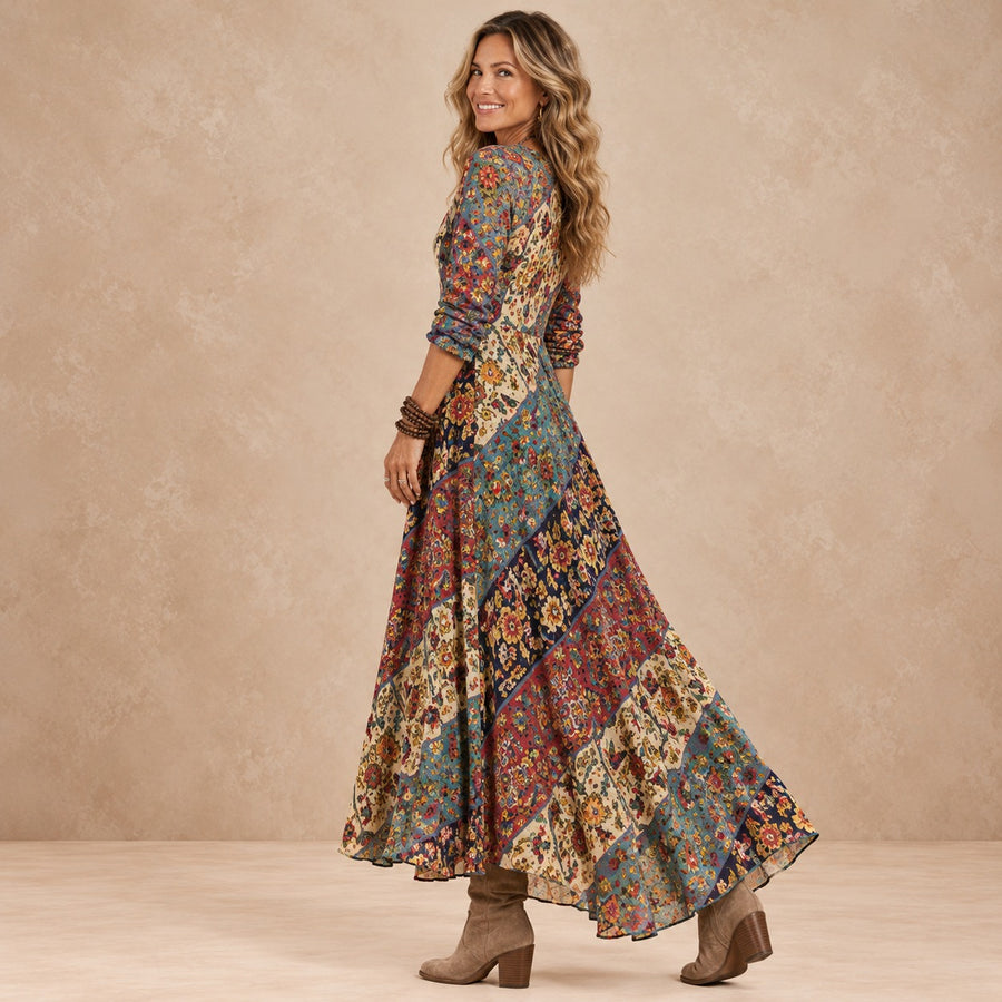 VERBENA | PATCHWORK PRINT V-NECK MAXI DRESS