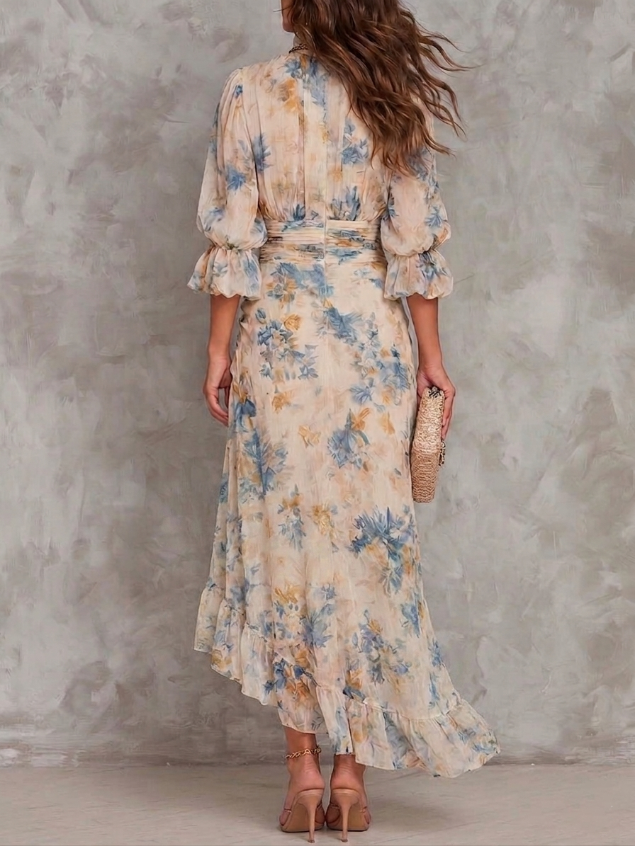 Chiara | Turtleneck Floral Print Chiffon Maxi Dress