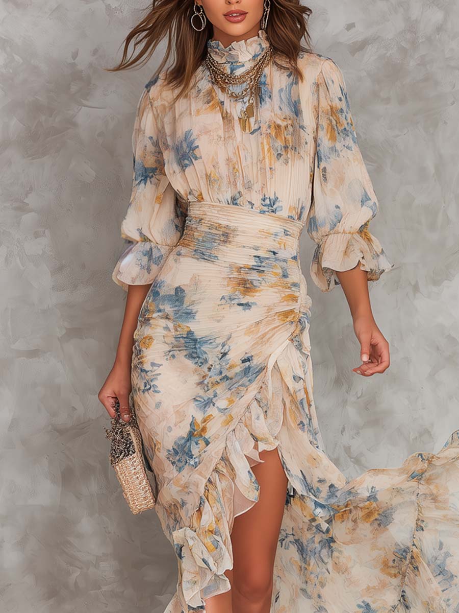 Chiara | Turtleneck Floral Print Chiffon Maxi Dress