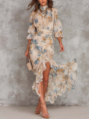 Chiara | Turtleneck Floral Print Chiffon Maxi Dress