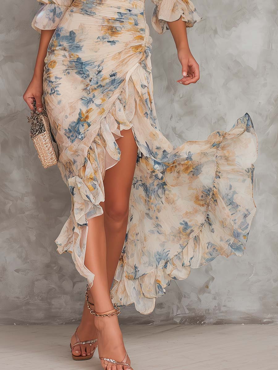 Chiara | Turtleneck Floral Print Chiffon Maxi Dress