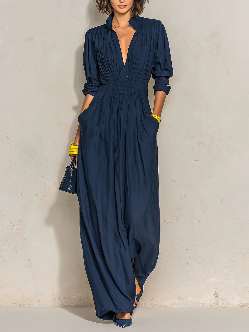 NESTA | PLEATED V-NECK MAXI DRESS