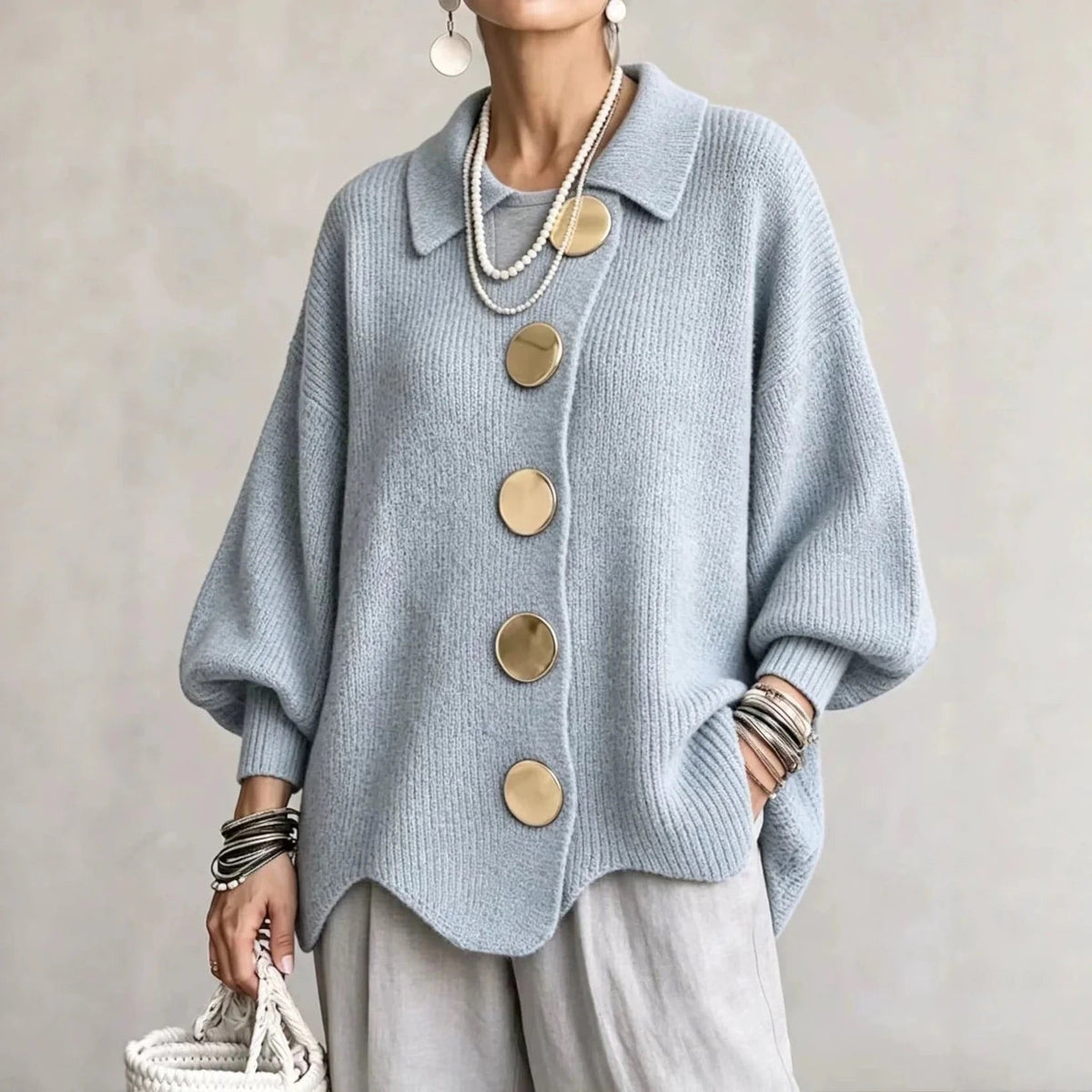 Cressida | Oversized Gold-Button Collared Cardigan