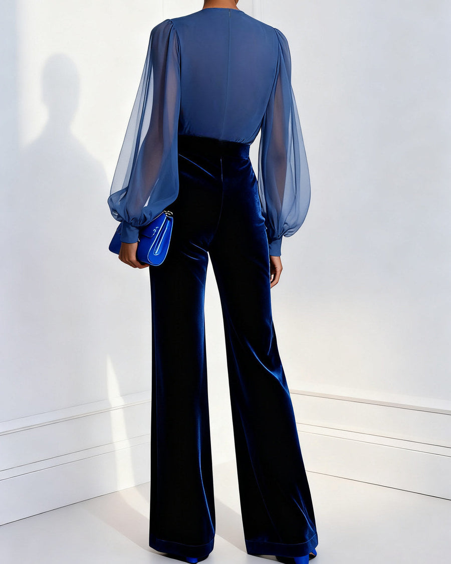 CALLISTA | VELVET WIDE-LEG JUMPSUIT WITH SHEER SLEEVES