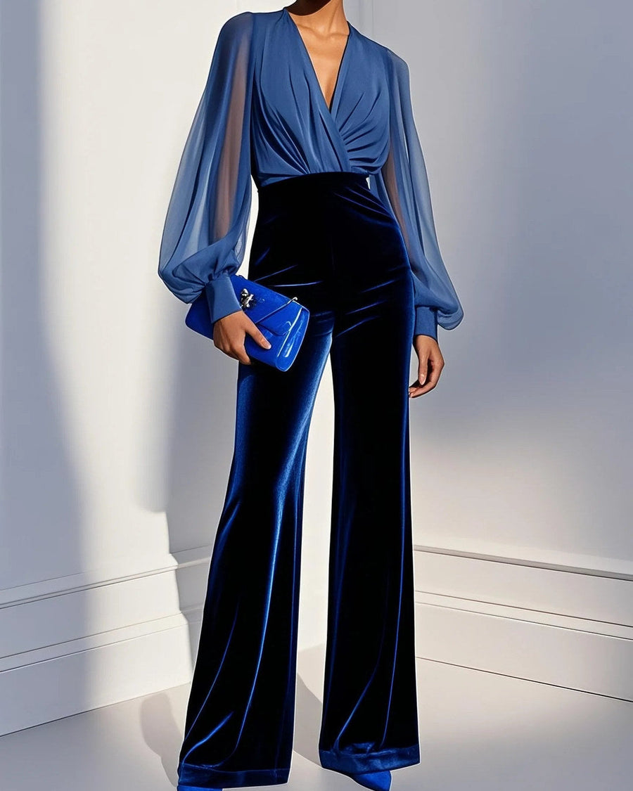 CALLISTA | VELVET WIDE-LEG JUMPSUIT WITH SHEER SLEEVES