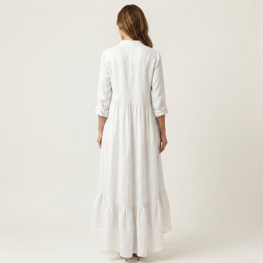 ADRIANNA | STAND-COLLAR BUTTON-FRONT RUFFLE HEM MAXI DRESS