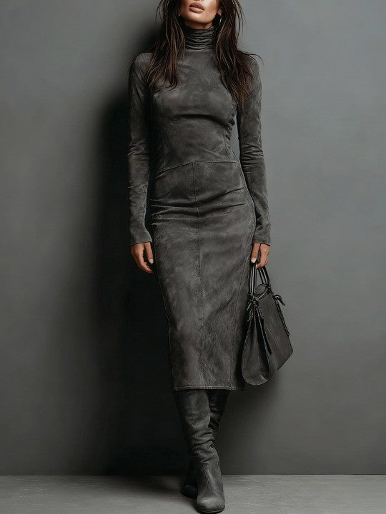 HOLLY | SUEDETTE HIGH-NECK MIDI DRESS