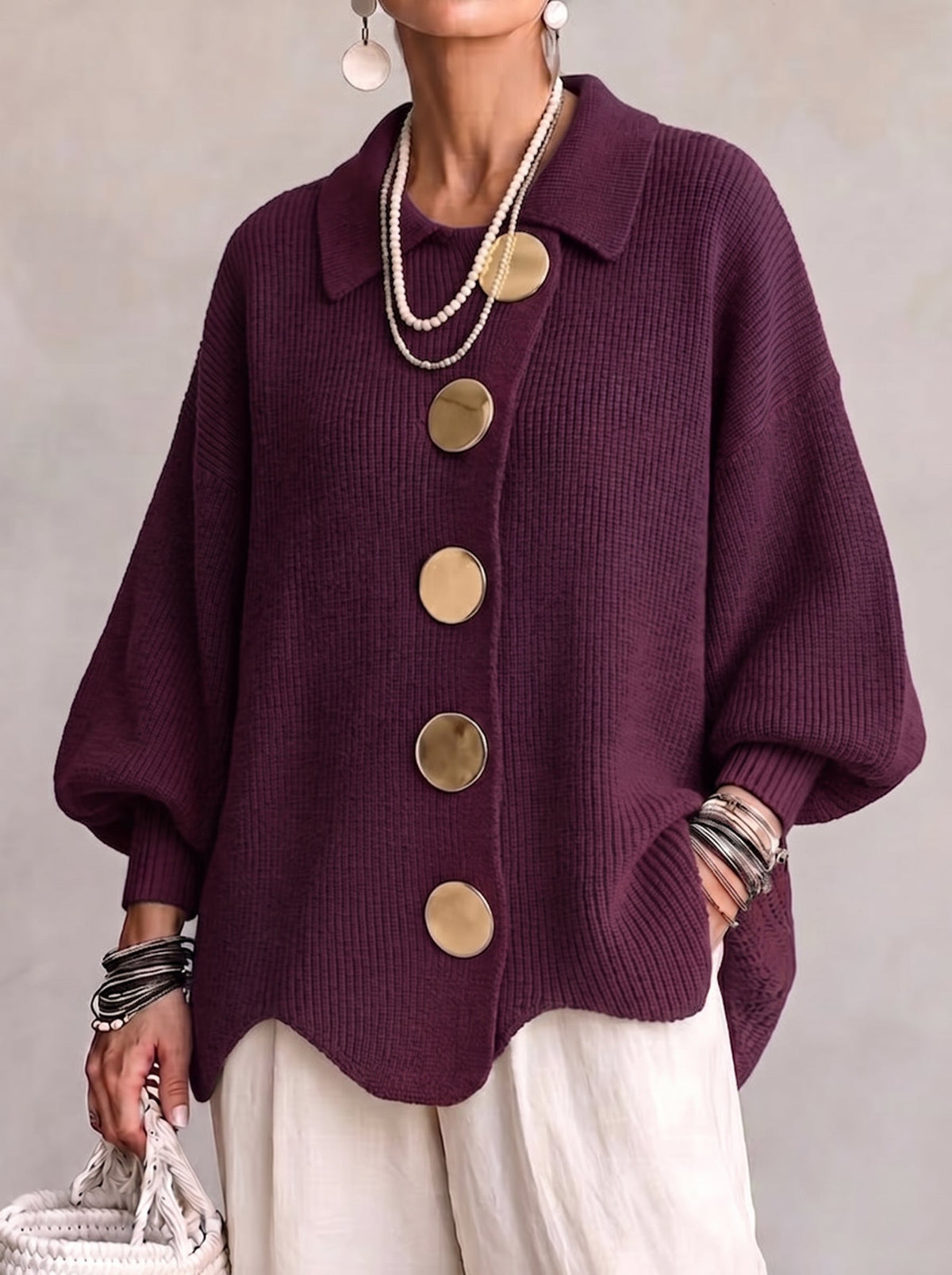 Cressida | Oversized Gold-Button Collared Cardigan