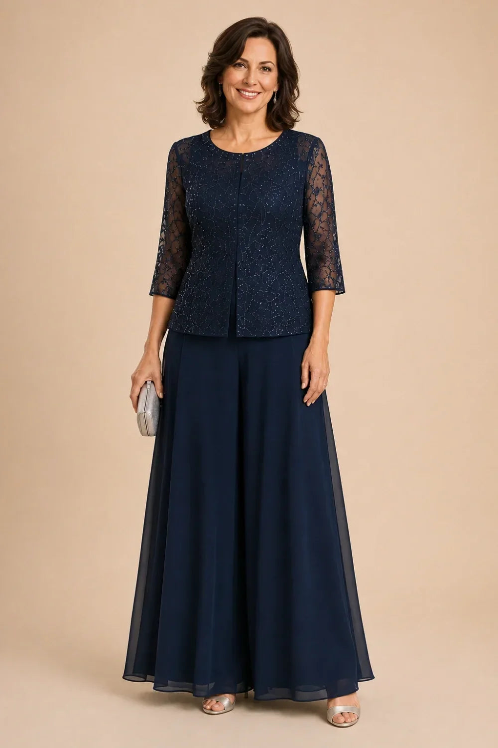 Beaded Lace Culotte Pant Suit with Chiffon Overlay