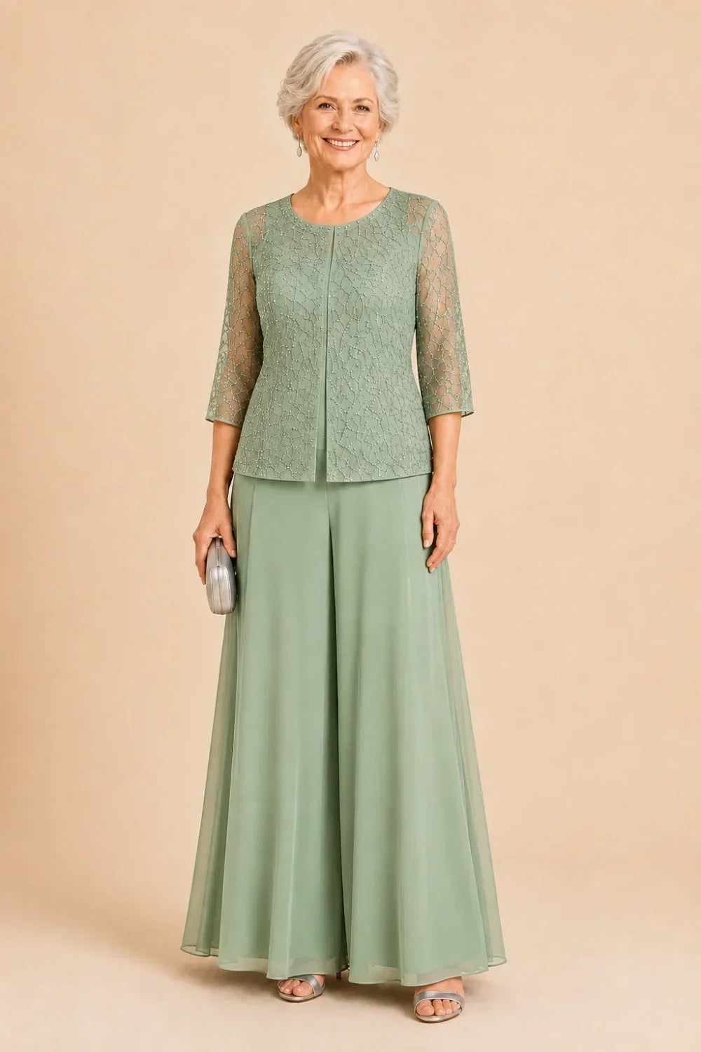 Beaded Lace Culotte Pant Suit with Chiffon Overlay