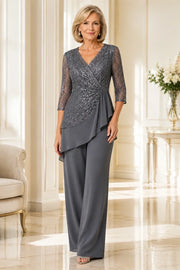 Beaded Lace Chiffon Pant Suit with Sheer Sleeves
