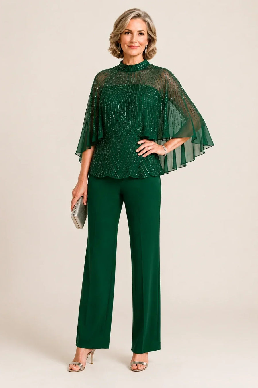 Sequin Mesh Capelet Pant Suit with High Neck