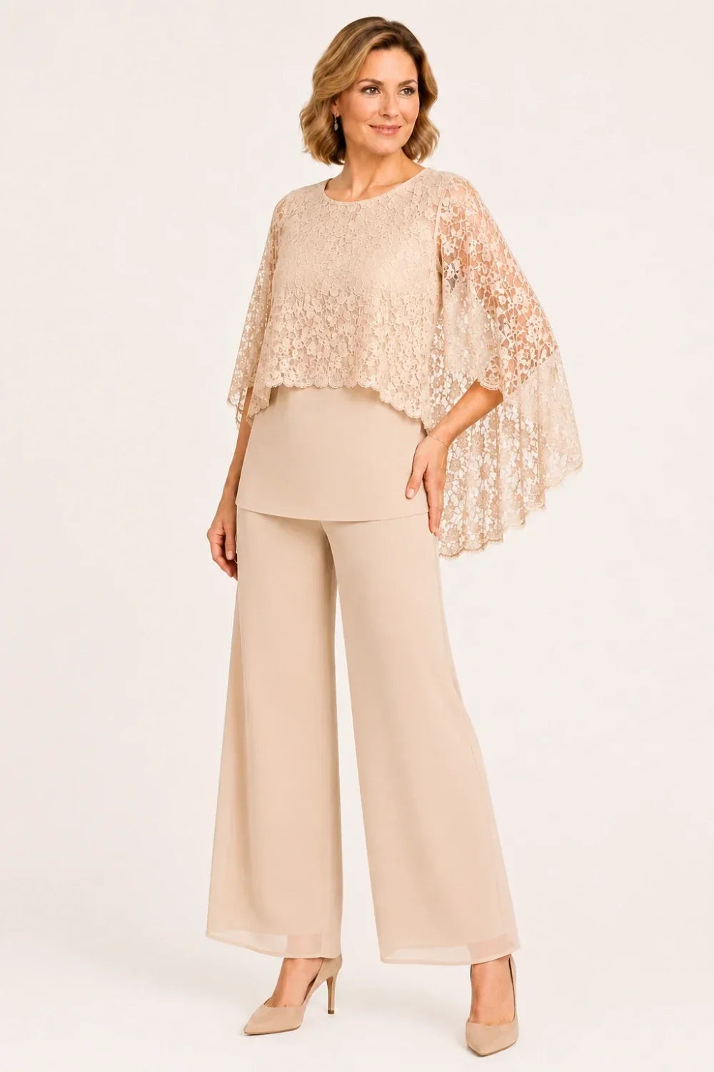 Lace Cape Mother of the Bride Pant Suit with Wide Legs