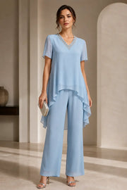 V-Neck Chiffon Asymmetric Capelet Pant Suit