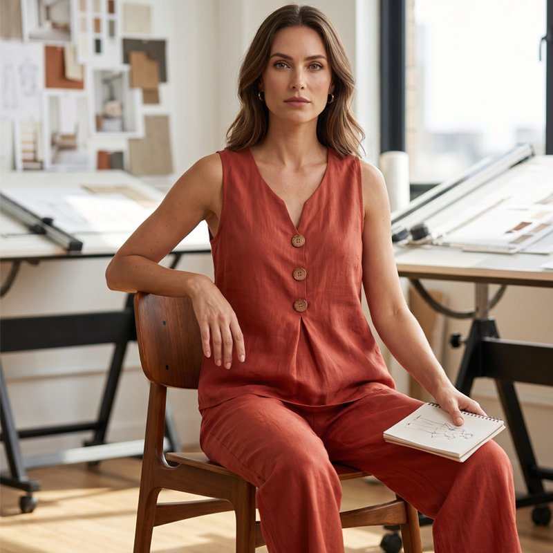 Emily | Comfortable And Elegant | Women's Sleeveless Button Top and Loose Pants Set