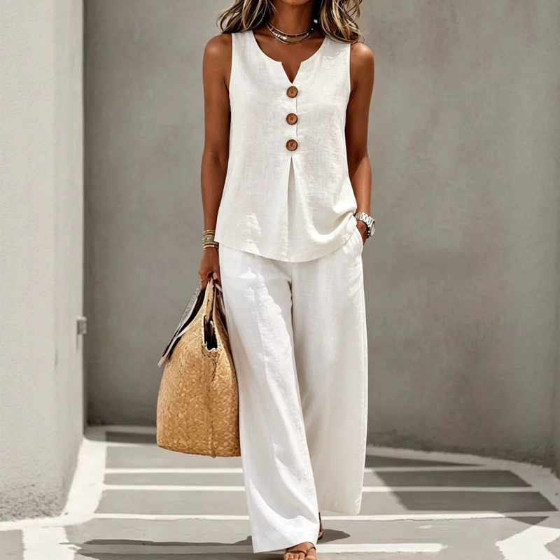 Emily | Comfortable And Elegant | Women's Sleeveless Button Top and Loose Pants Set