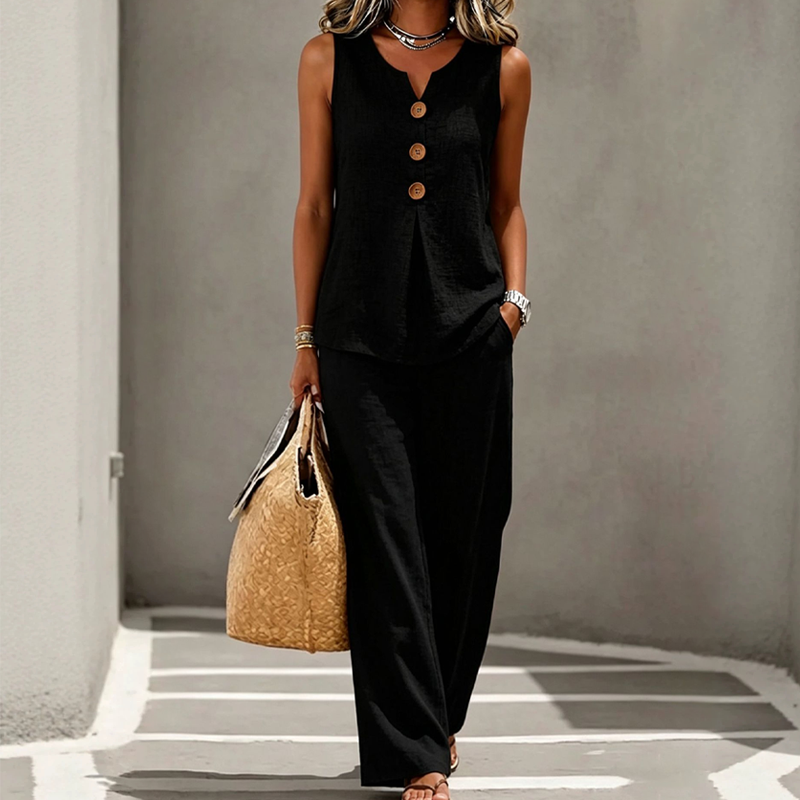 Emily | Comfortable And Elegant | Women's Sleeveless Button Top and Loose Pants Set