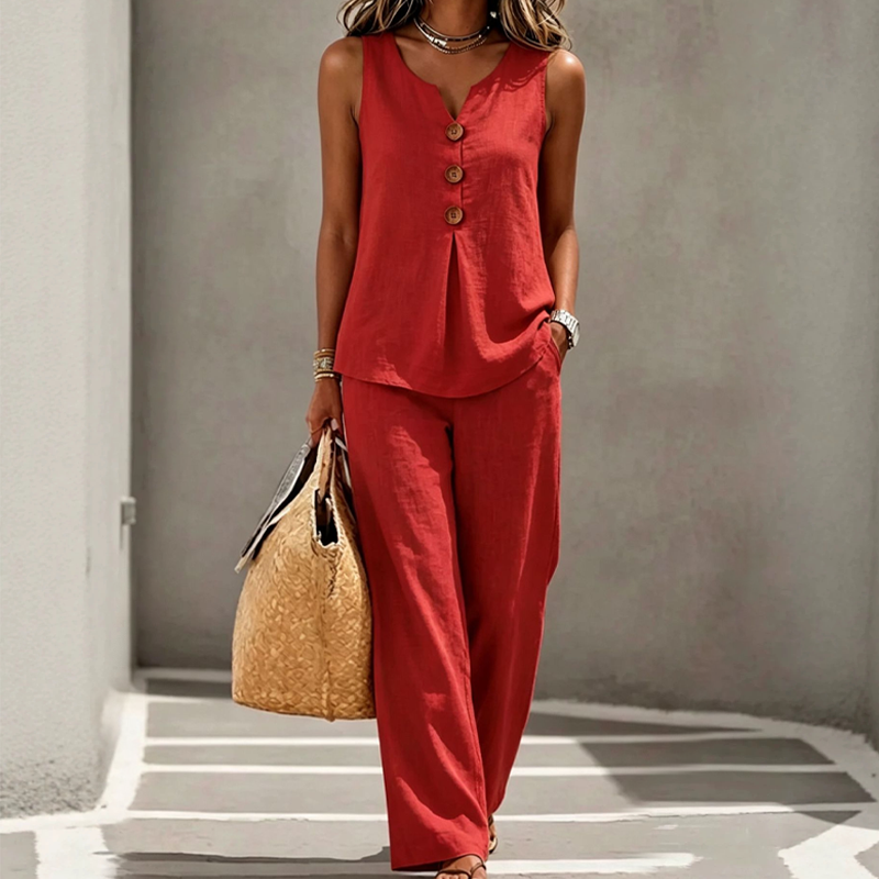 Emily | Comfortable And Elegant | Women's Sleeveless Button Top and Loose Pants Set