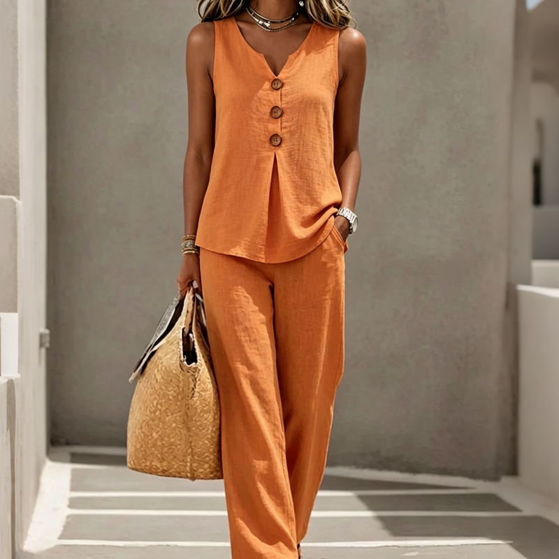 Emily | Comfortable And Elegant | Women's Sleeveless Button Top and Loose Pants Set