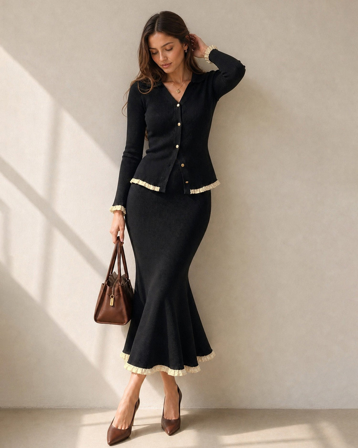 Seraphina Elastic Waist Contrasting Midi Skirt