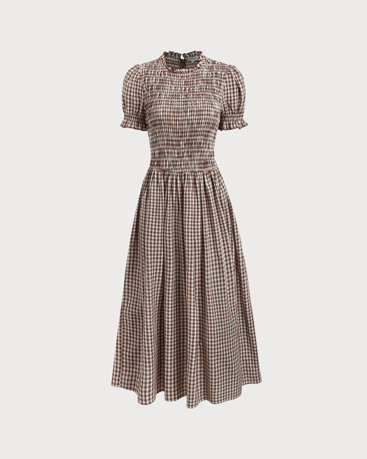 Marielle | Midi Coffee Plaid Shirred Puffed Sleeve Midi Dress