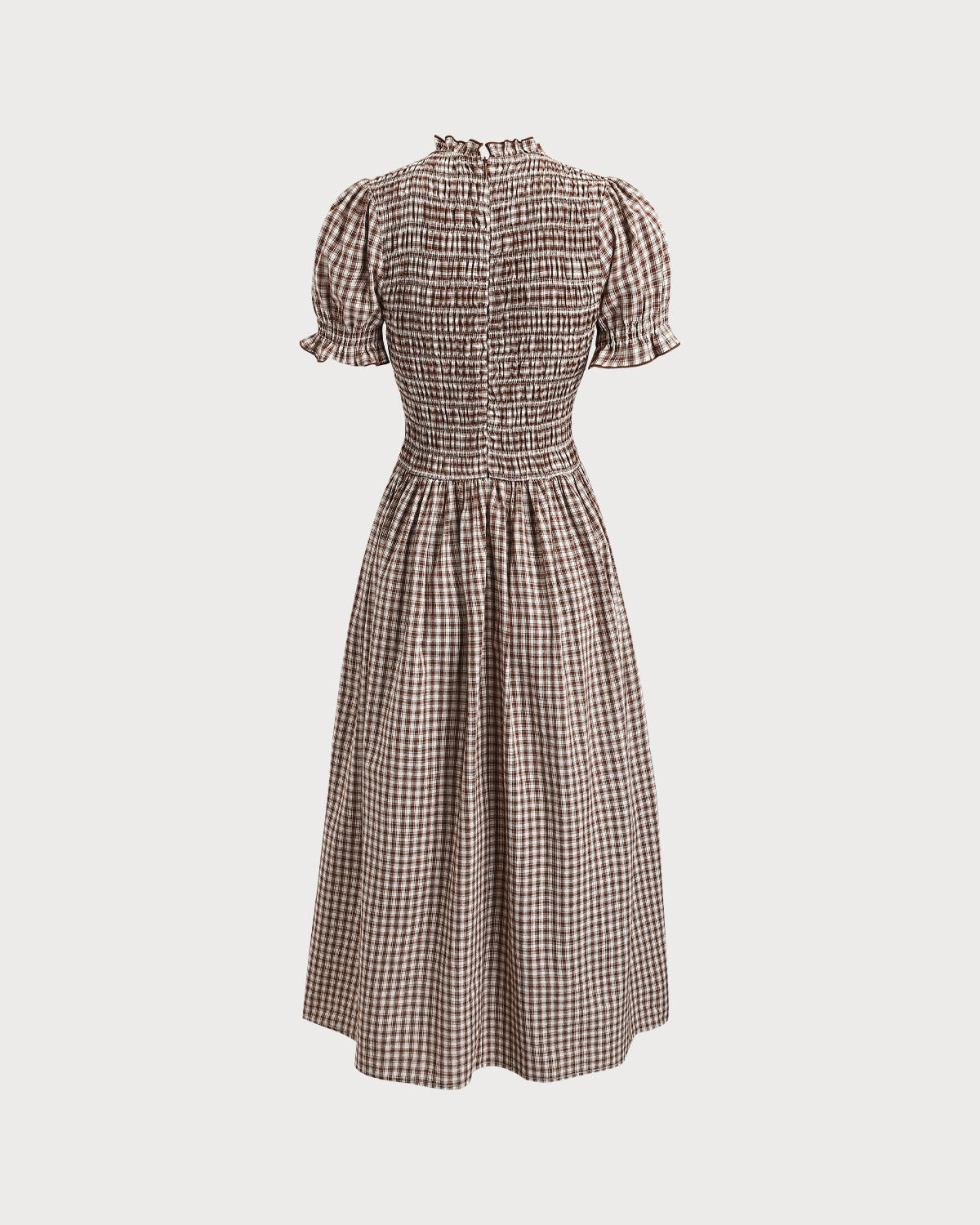 Marielle | Midi Coffee Plaid Shirred Puffed Sleeve Midi Dress