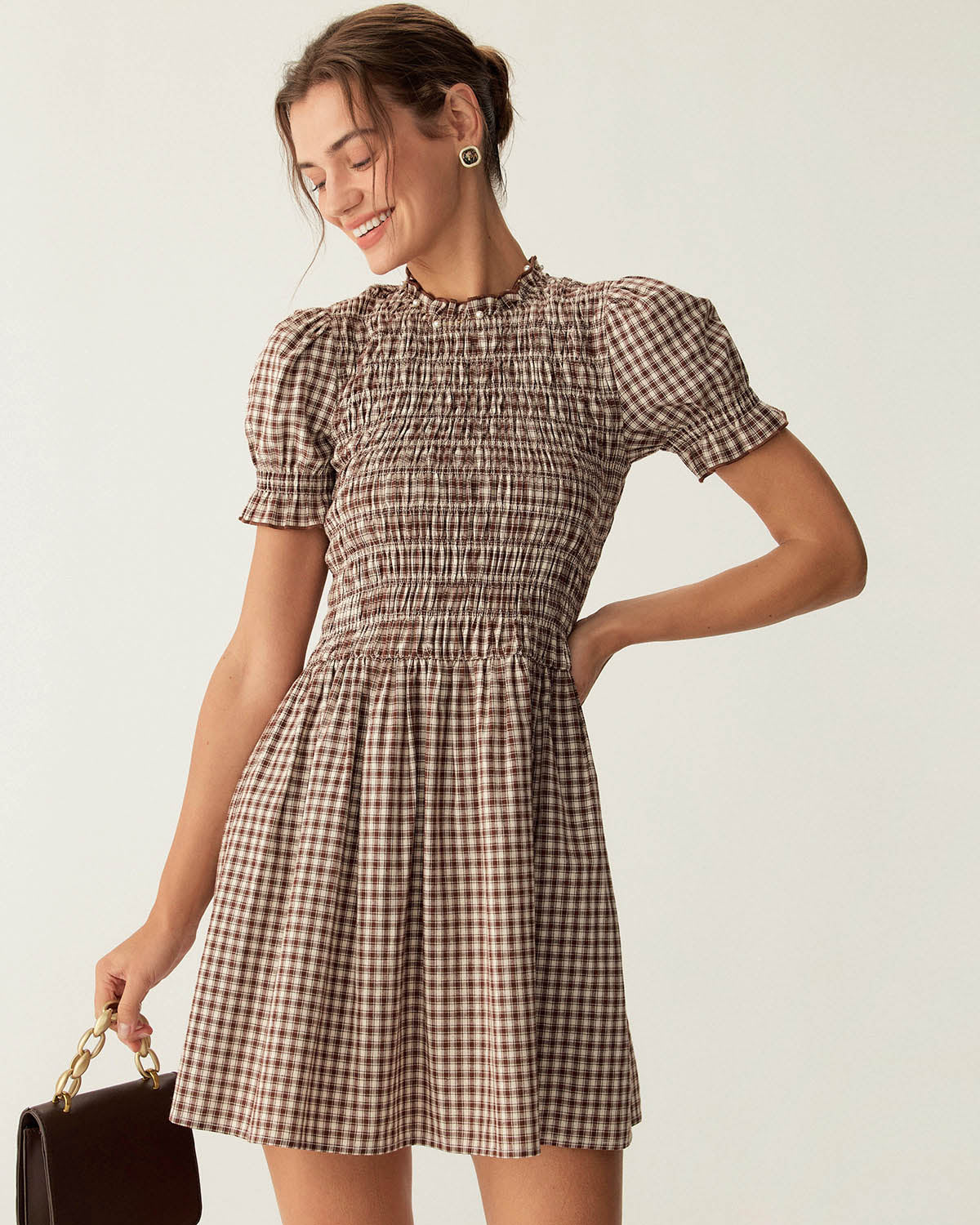 Marielle | Coffee Gingham Puffed Sleeve Mini Dress