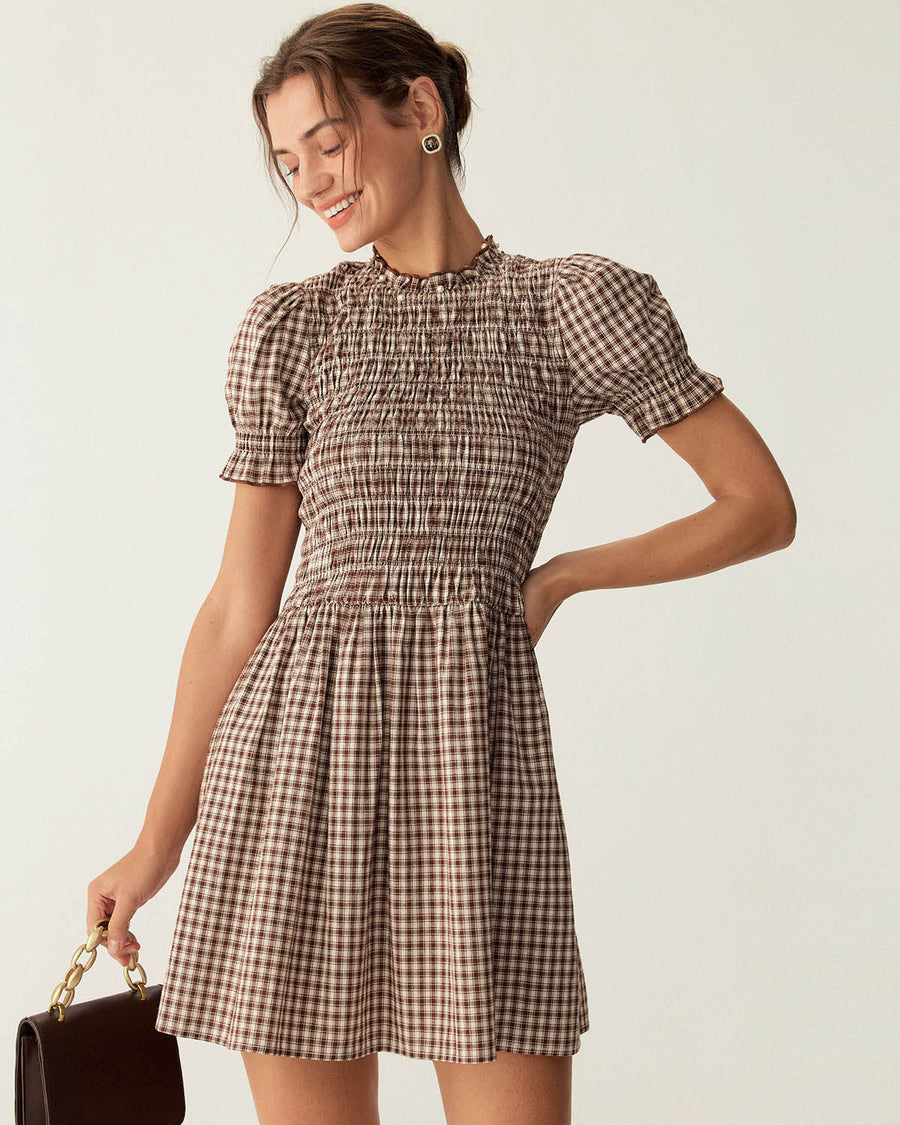 Marielle | Coffee Gingham Puffed Sleeve Mini Dress