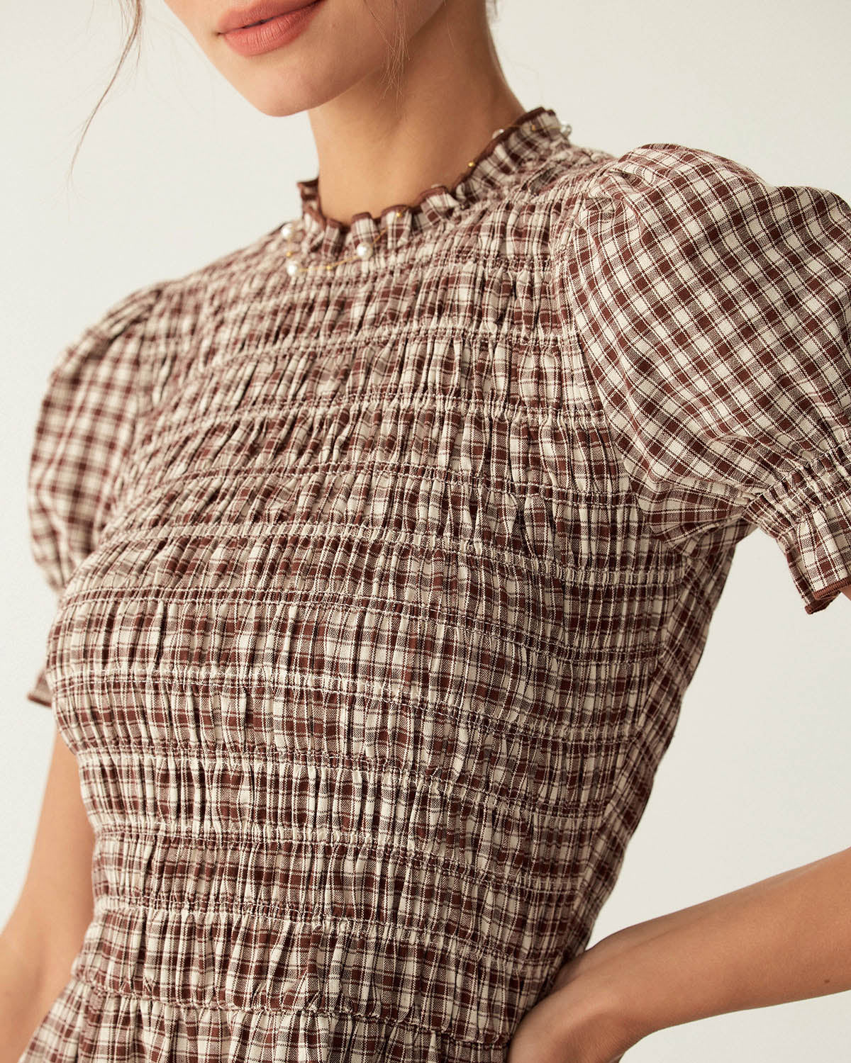 Marielle | Coffee Gingham Puffed Sleeve Mini Dress
